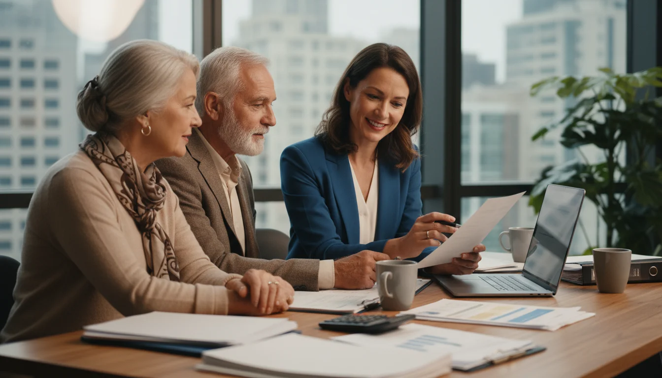 An older couple consulting a tax advisor at a desk with documents and a laptop, discussing retirement finances.