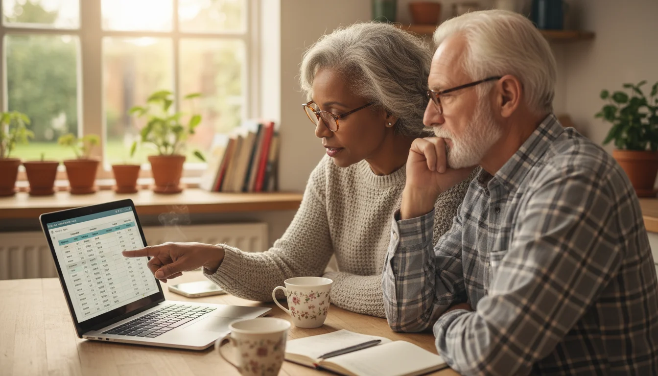 An older couple at a cozy kitchen table, looking at a laptop displaying a budget spreadsheet, engaged in thoughtful discussion.