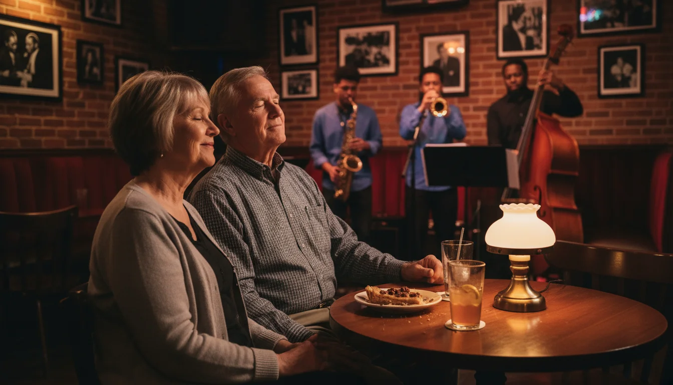 An older couple in a dimly lit jazz club, enjoying live music. On their table, drinks and a plate of food.