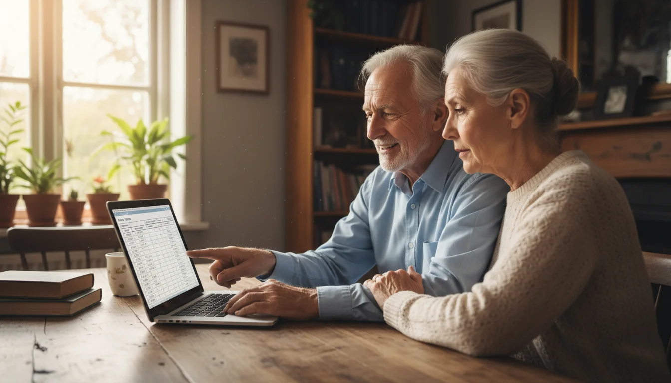 Older couple at a dining table, man pointing at a laptop screen showing a spreadsheet, woman watching intently. Reading glasses and coffee cup nearby.