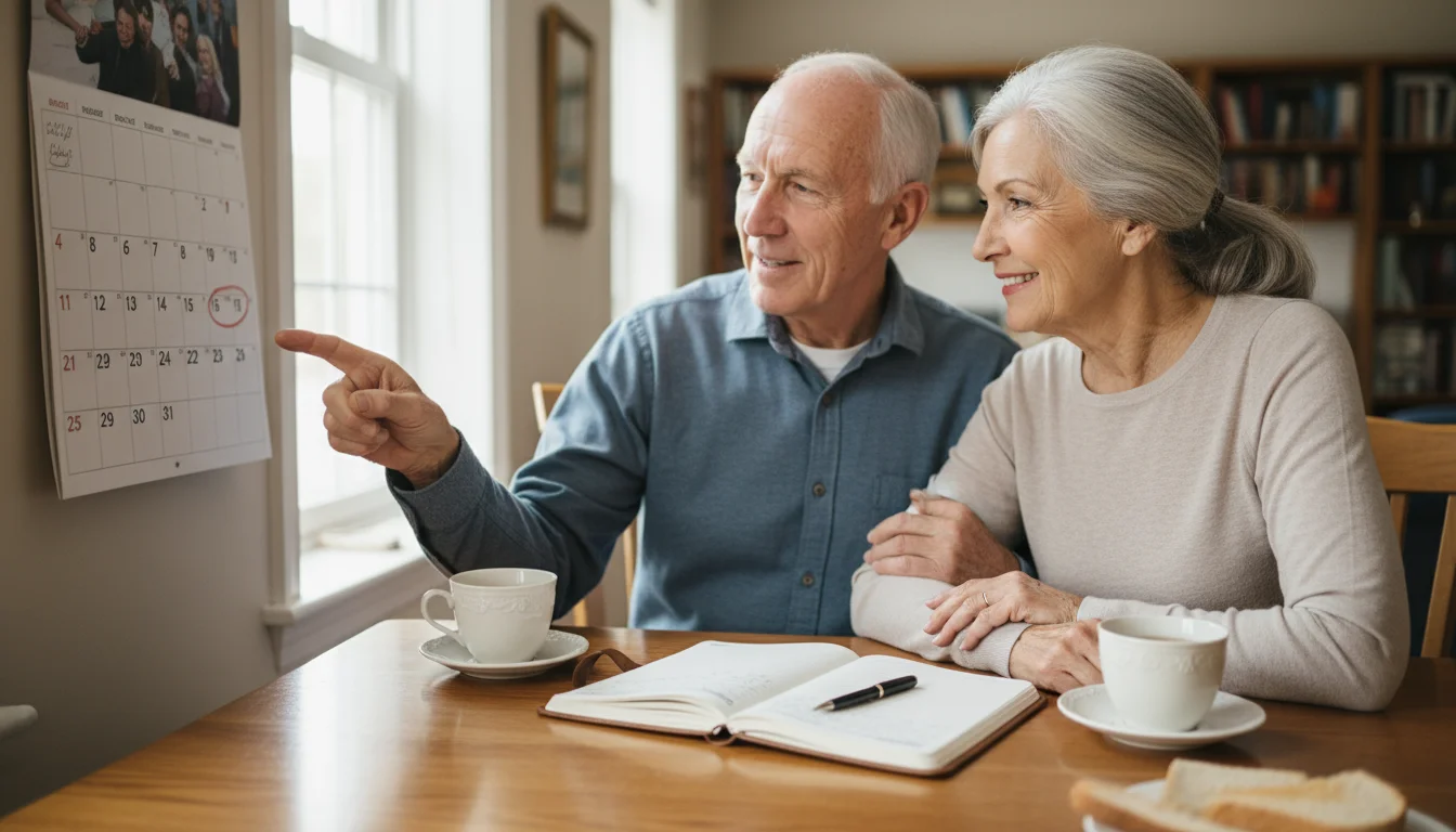 An older couple at a dining table. The man points to a circled date on a calendar, and the woman smiles at him. A budget notebook is on the table.