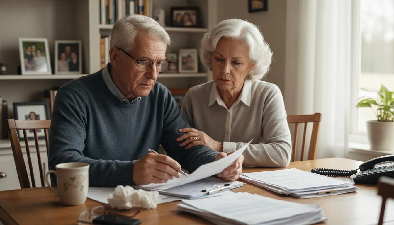 An older couple at a dining table, reviewing financial documents. The man wears glasses, holding a pen. The woman watches, hand on his arm.