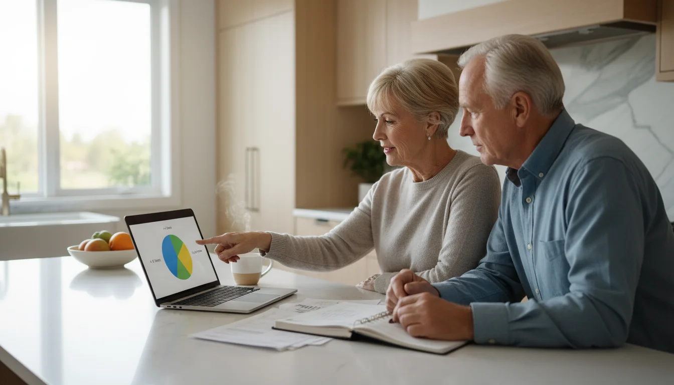 An older couple, early 70s, discusses their financial plan displayed as a pie chart on a laptop screen at their kitchen island.