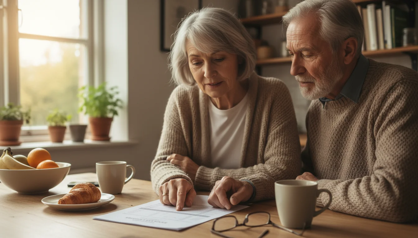 An older couple, early 70s, sits at a kitchen table in natural light, looking at a financial document. The woman points at the paper, while the man li
