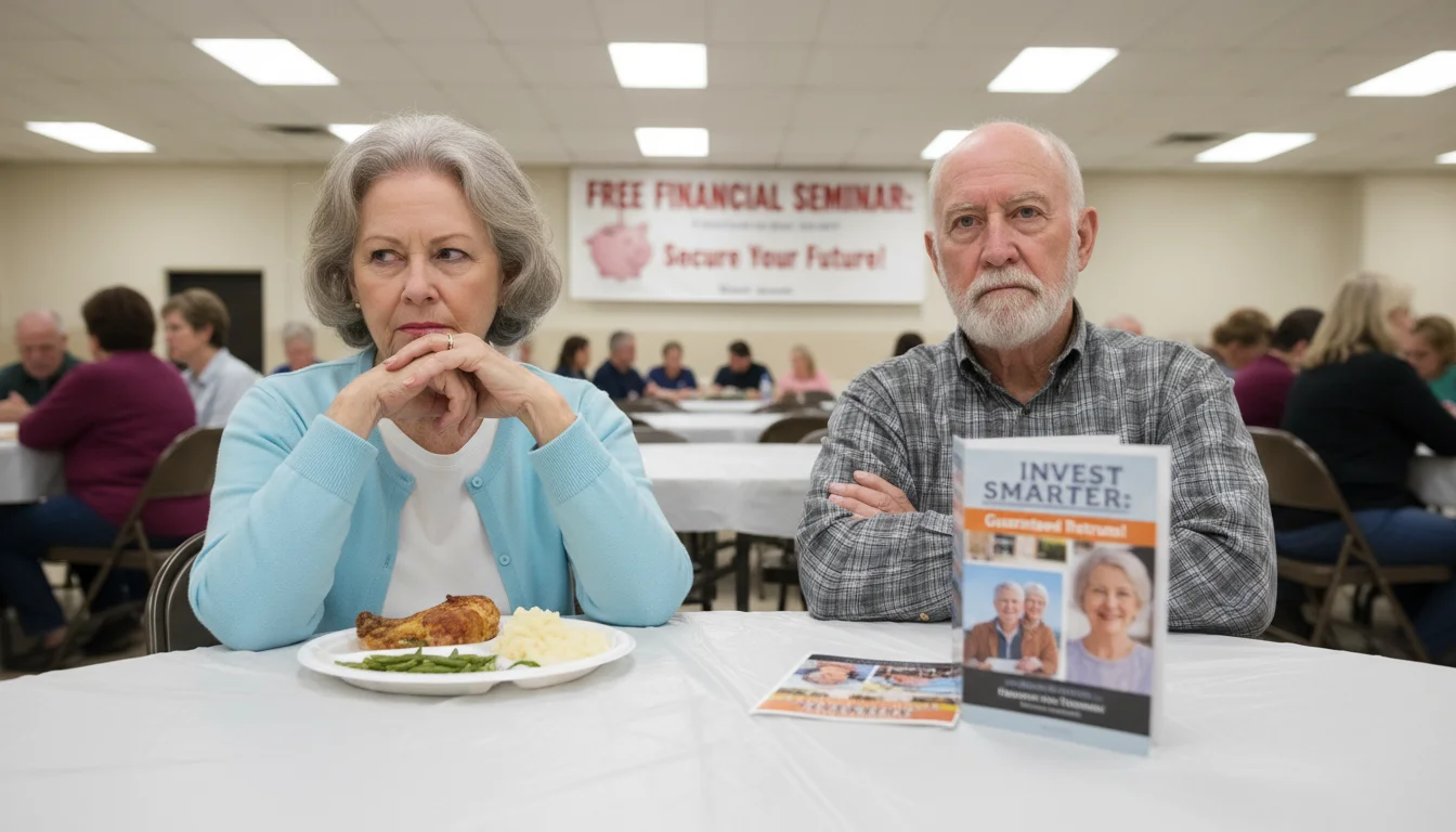 An older couple, early 70s, with subtle expressions of unease and skepticism, sitting at a table during a financial seminar.
