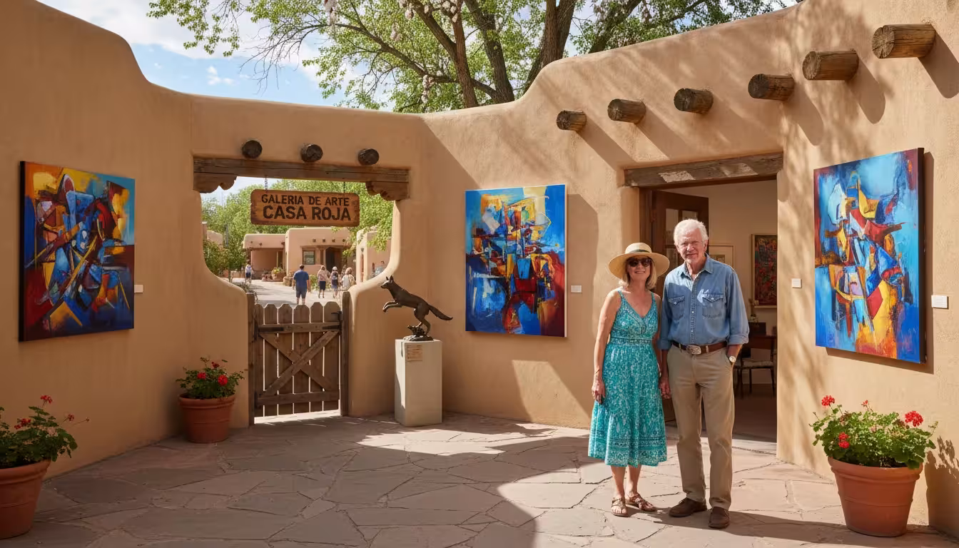 An older couple enjoys vibrant art displayed outside an adobe gallery on Santa Fe's sunny Canyon Road.