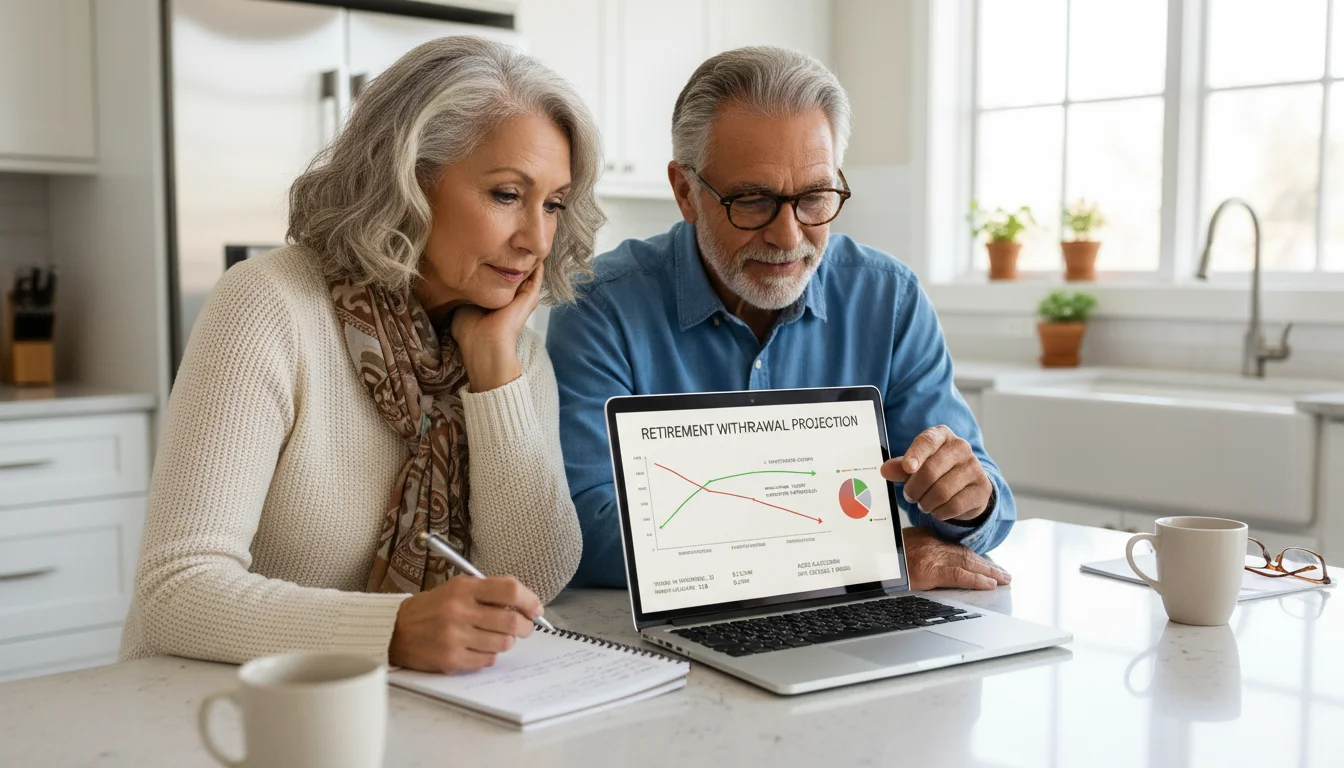 An older couple, focused on a laptop screen showing a financial graph, sitting at a kitchen island, actively planning their retirement.