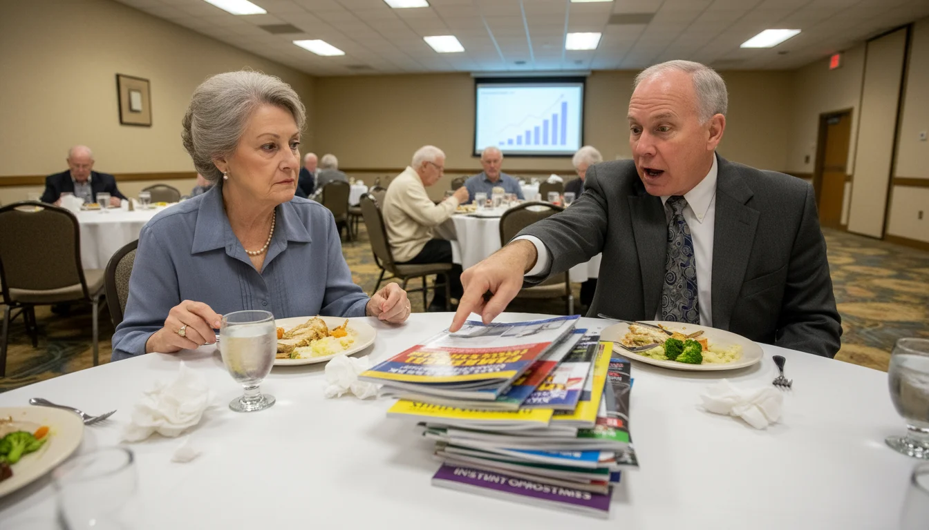 An older couple with guarded expressions sit at a round table in a banquet room, observing an animated financial presenter pointing at brochures. Half