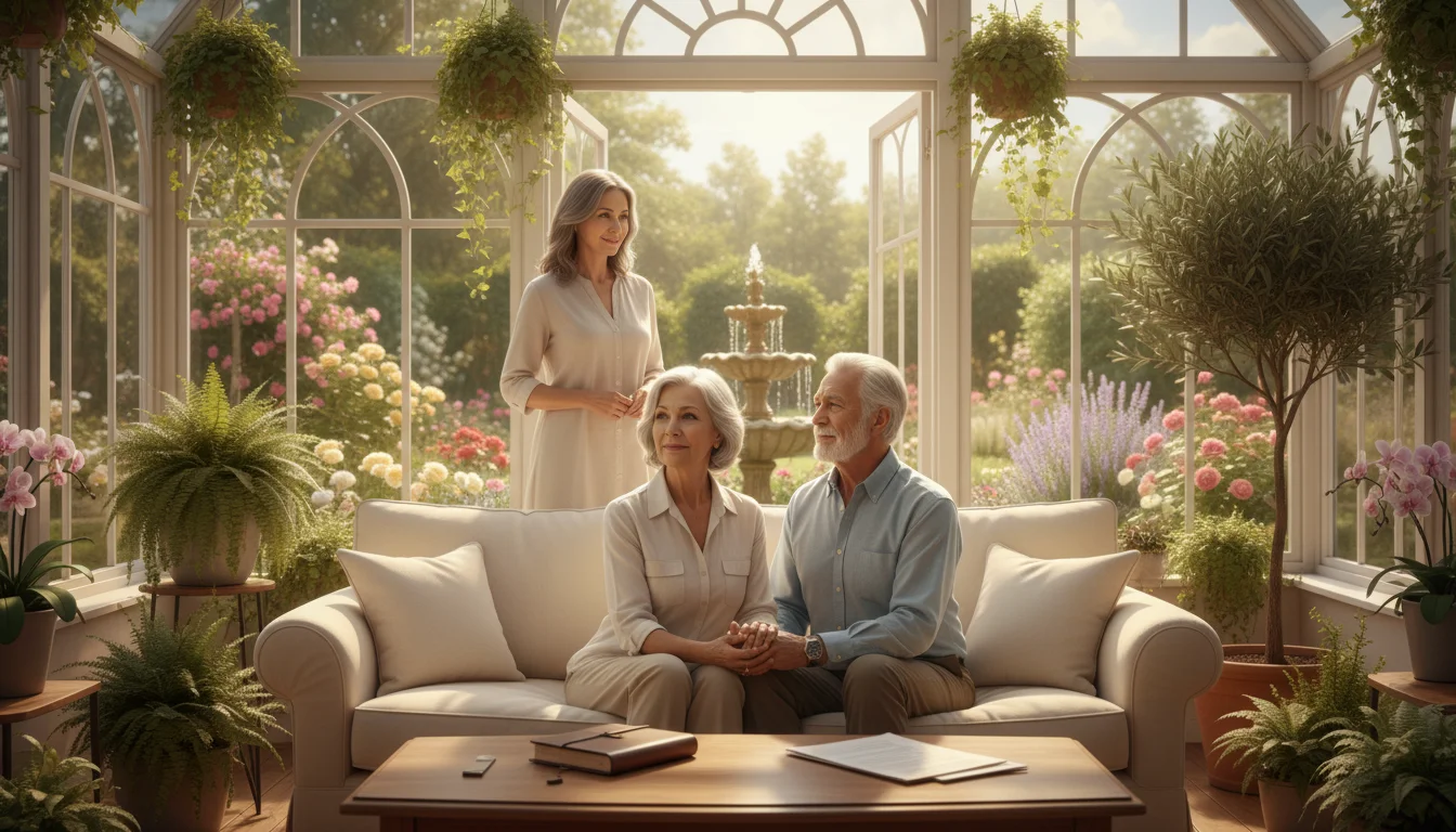 An older couple holds hands on a sofa in a sunlit conservatory, looking at a garden, with their adult daughter standing behind them.