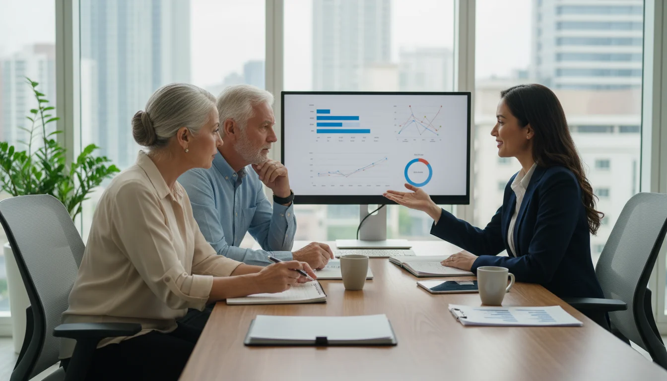 An older couple intently listens to a financial advisor in an office, the woman holding a pen and notepad, ready to ask questions.