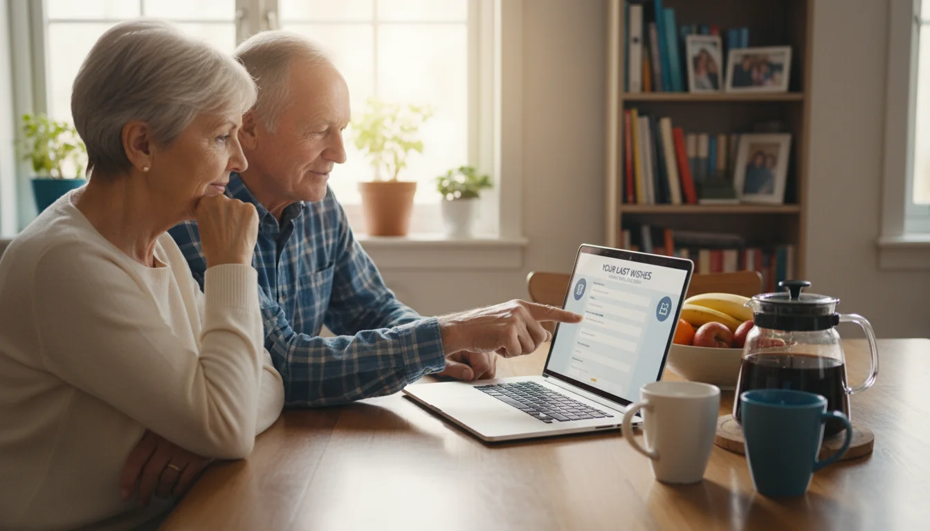 An older couple intently reviewing an online will creation service on a laptop at their dining room table, with coffee nearby.