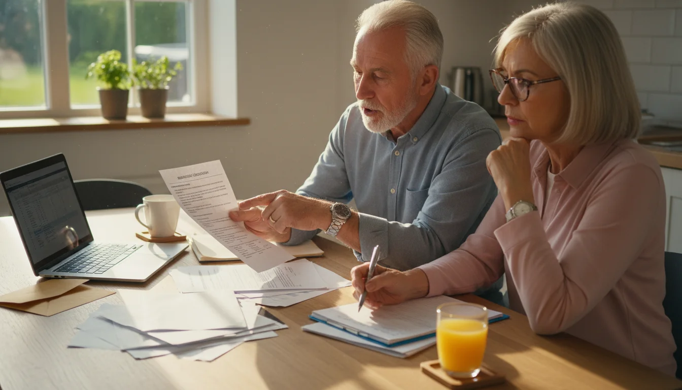An older couple intently reviews financial documents spread across a kitchen table. The man points to a specific form, the woman holds a pen.