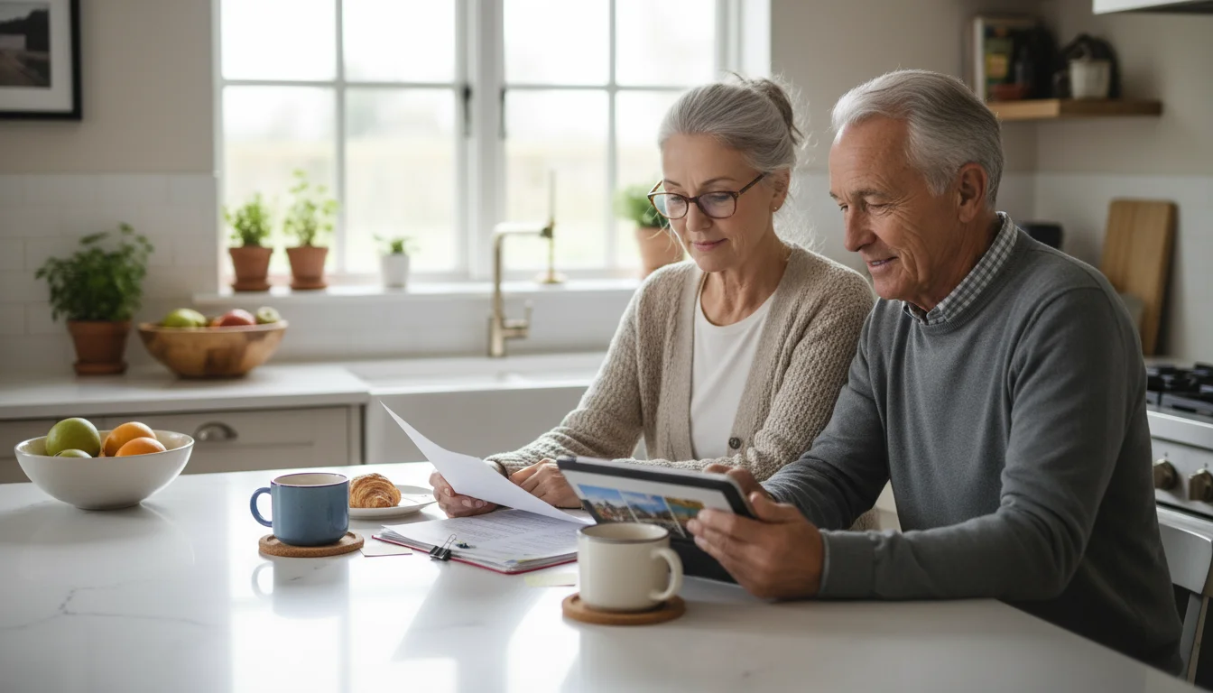 Older couple at a kitchen island. Woman reviews a paper document, man looks at a tablet displaying travel information. Coffee cups are on the counter.