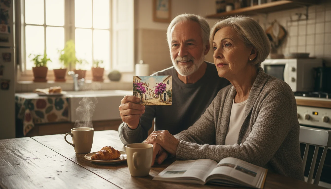 An older couple at a kitchen table, the husband holding up a postcard of a cobblestone street in Tavira, Portugal, as his wife looks at him.