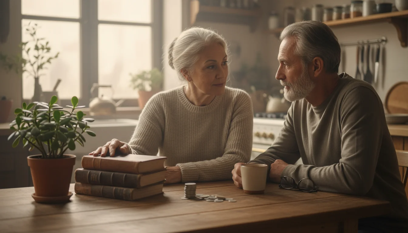 Older couple at a kitchen table. On the table, a potted plant, books, and coins are arranged in distinct groups.