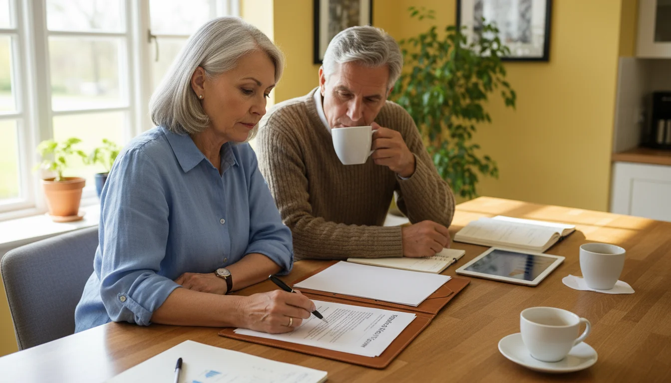 An older couple, late 60s, discussing finances at their kitchen island. The woman writes on a document, the man listens.