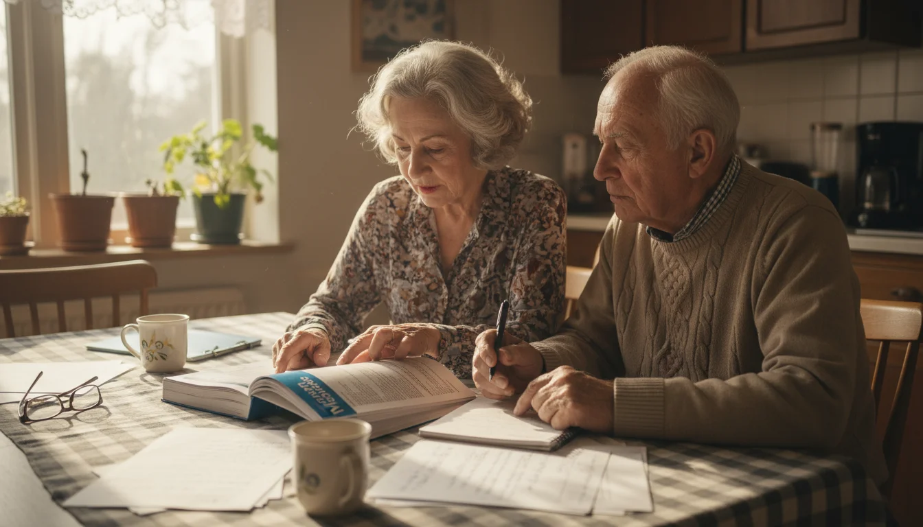 Older couple, late 70s, at kitchen table reviewing documents. Woman points to paper, man listens.