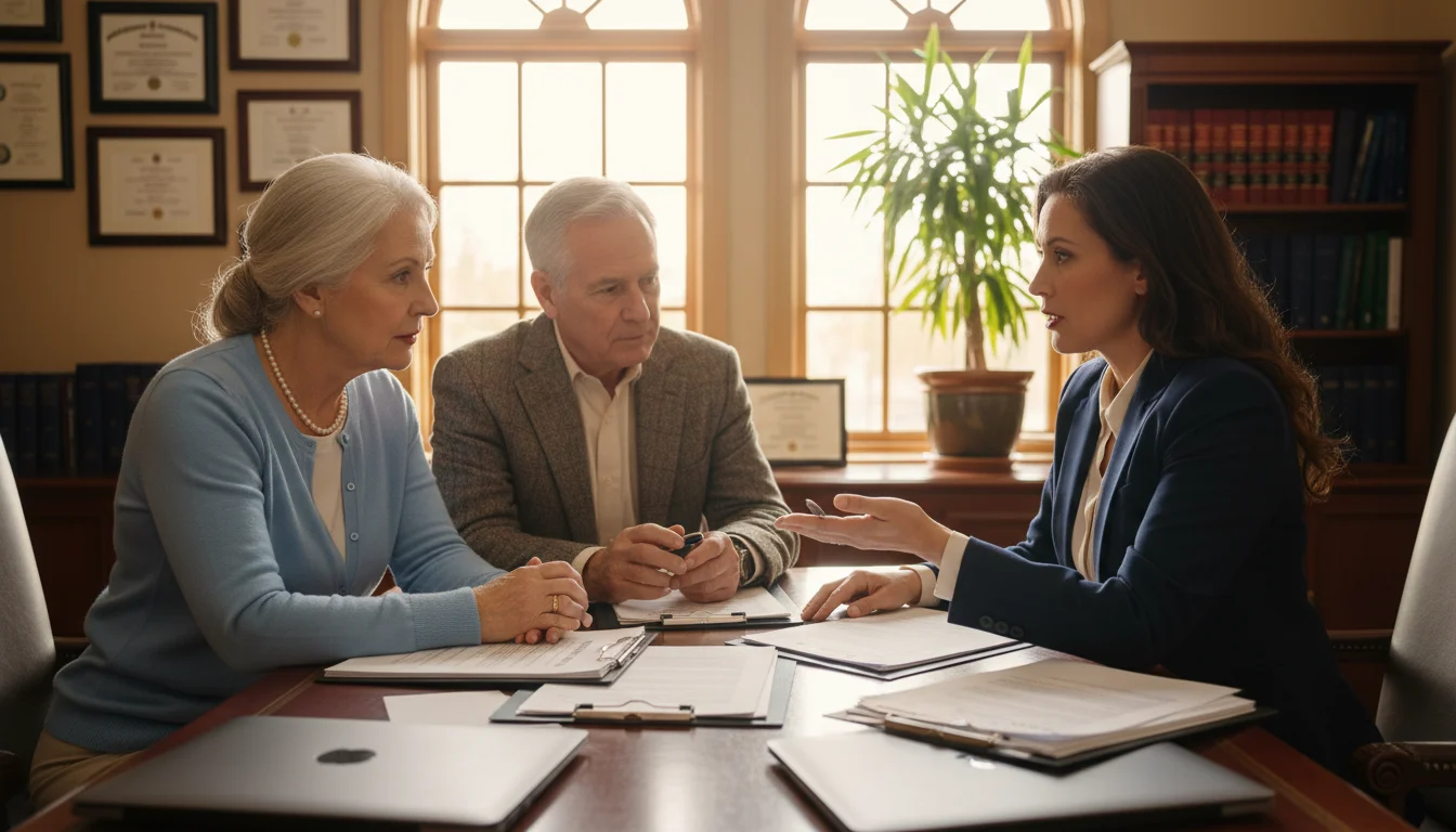 Older couple, late 60s, seated with a female attorney, mid-40s, around a desk reviewing legal documents in a sunny office.
