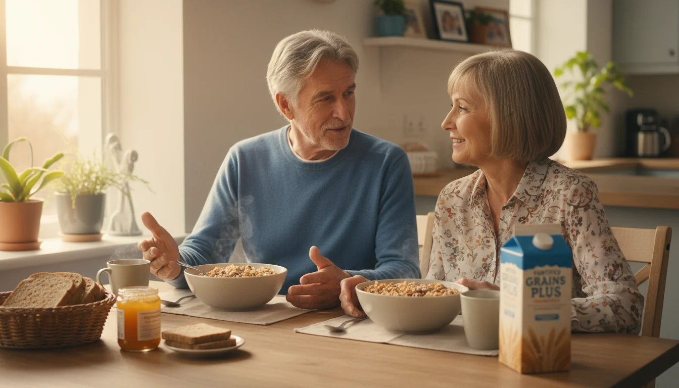 An older couple, late 60s, smiling and talking over bowls of cereal and milk at a bright dining table.