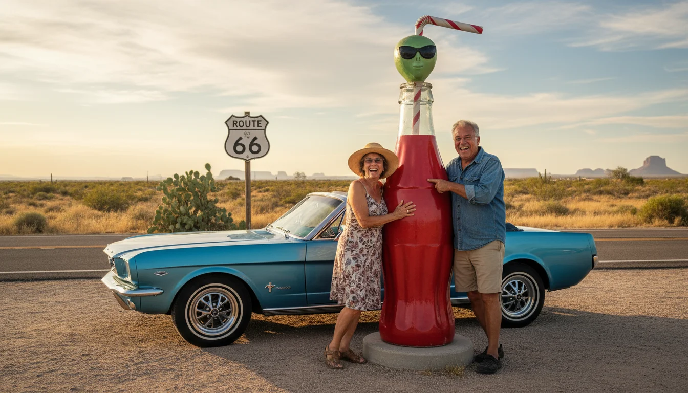 An older couple laughs and poses next to a giant, colorful roadside sculpture on historic Route 66 with their car nearby under a sunny sky.