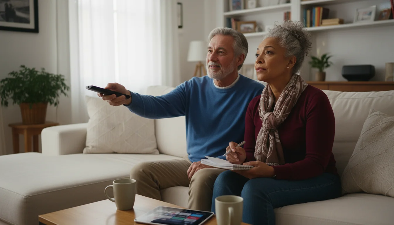 An older couple on a living room sofa, the man holds a TV remote, and the woman holds a notebook, as they discuss streaming services.