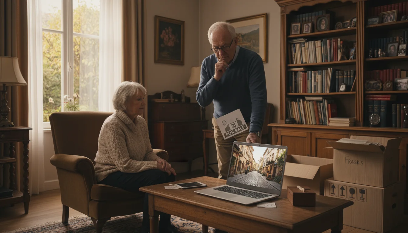 Older couple in living room. Woman looks out window. Laptop shows cobblestone street. Man holds real estate flyer. Moving boxes visible.