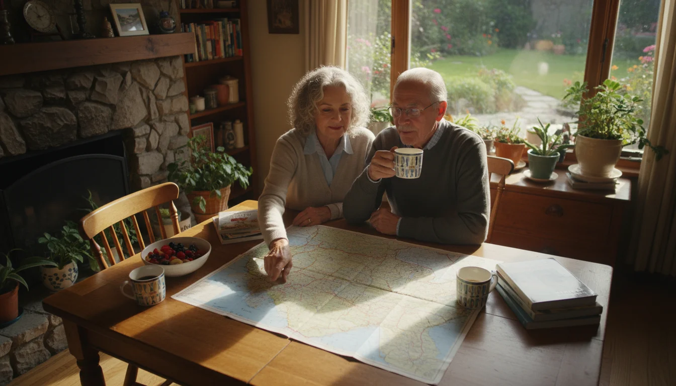 An older couple looks at an open road atlas of the US at their kitchen table. One points to a distant region; a local health brochure is blurred in th