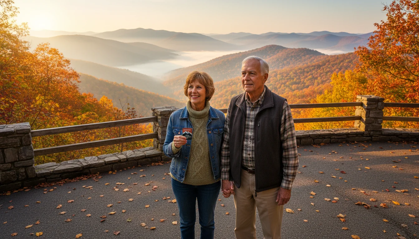 Older couple at a national park overlook, admiring autumn mountains with misty valleys and colorful foliage. They are holding hands.