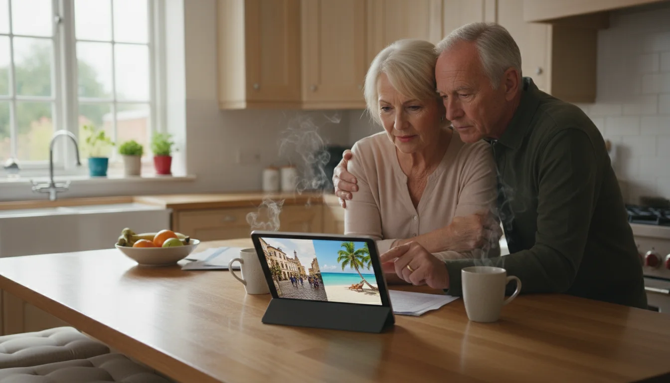 An older couple, one pointing at a tablet displaying a bustling European city next to a tropical beach, with steaming mugs of coffee nearby.