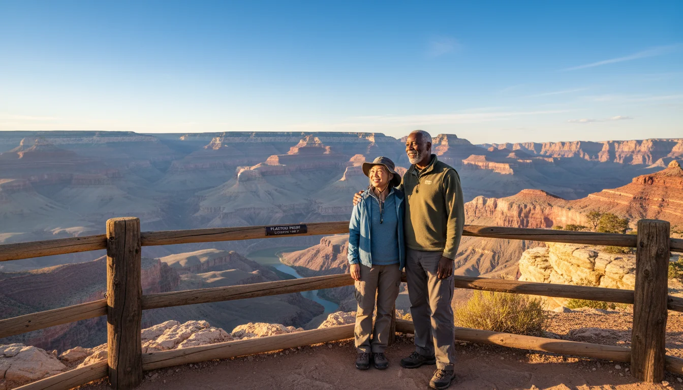 An older couple in outdoor clothes stands at a National Park overlook, admiring a vast canyon under clear blue skies.