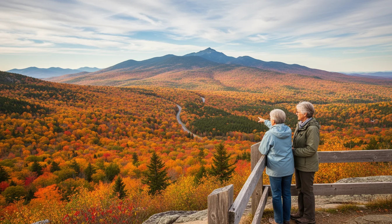 An older couple at Pemigewasset Overlook, admiring a vast panorama of New Hampshire's White Mountains ablaze with brilliant fall colors.