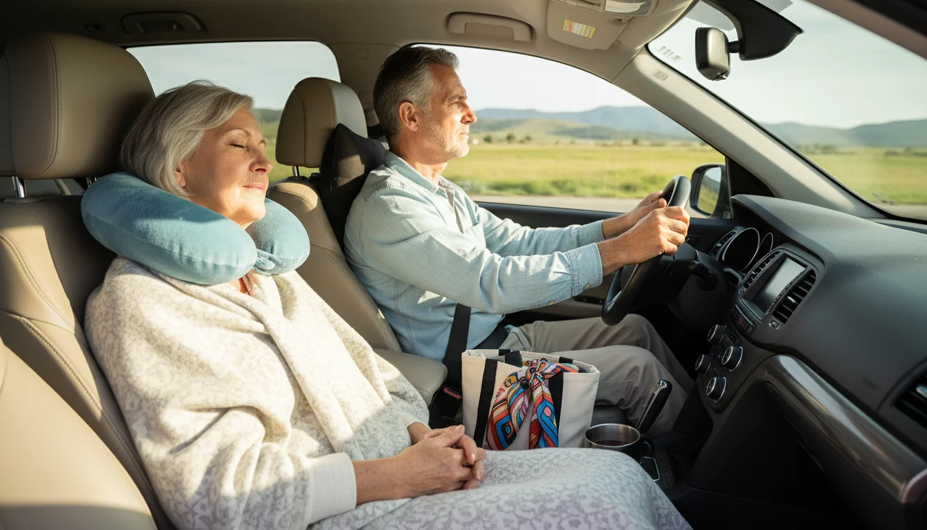 Older couple relaxed in a car. Woman uses neck pillow and blanket, man uses lumbar pillow. Comfort kit tote bag on backseat.
