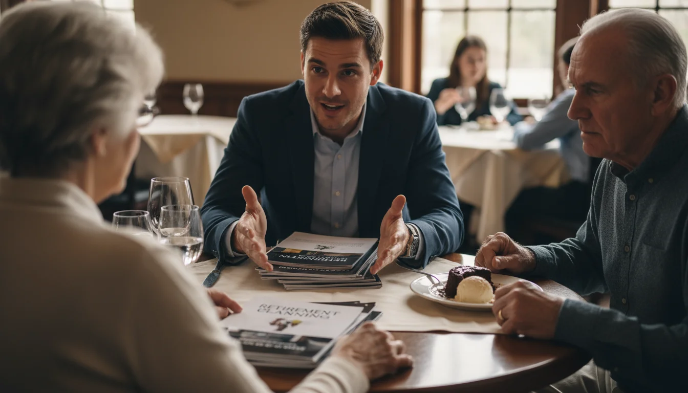 An older couple at a restaurant table, looking uncertainly at a younger, enthusiastic financial advisor presenting brochures.