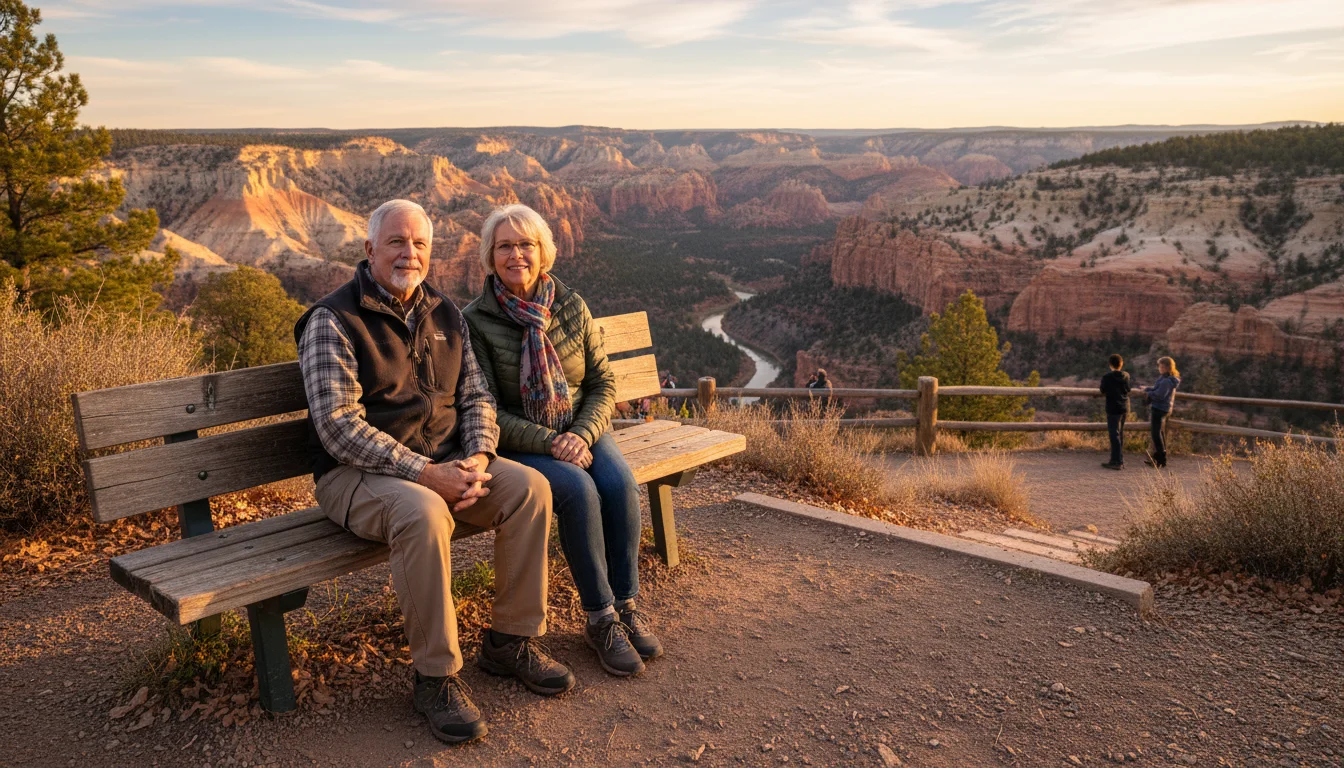 An older couple rests on a wooden bench at a national park overlook, gazing at a vast landscape of red rock formations and a canyon.