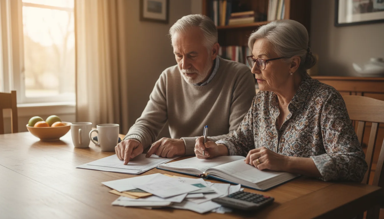 Older couple reviewing credit card statements at their dining table, husband pointing to a grocery expense, wife writing in a ledger.