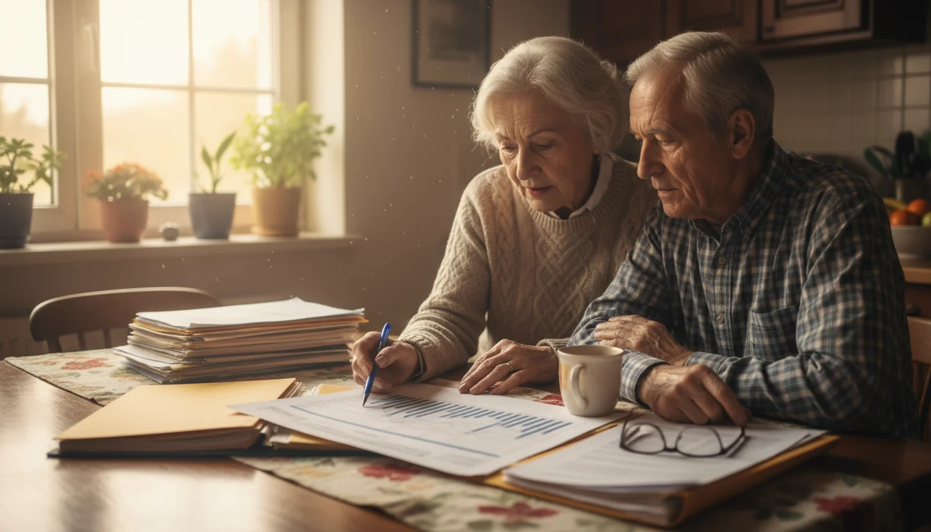 An older couple reviews financial documents at their kitchen table, discussing investment options in soft morning light.