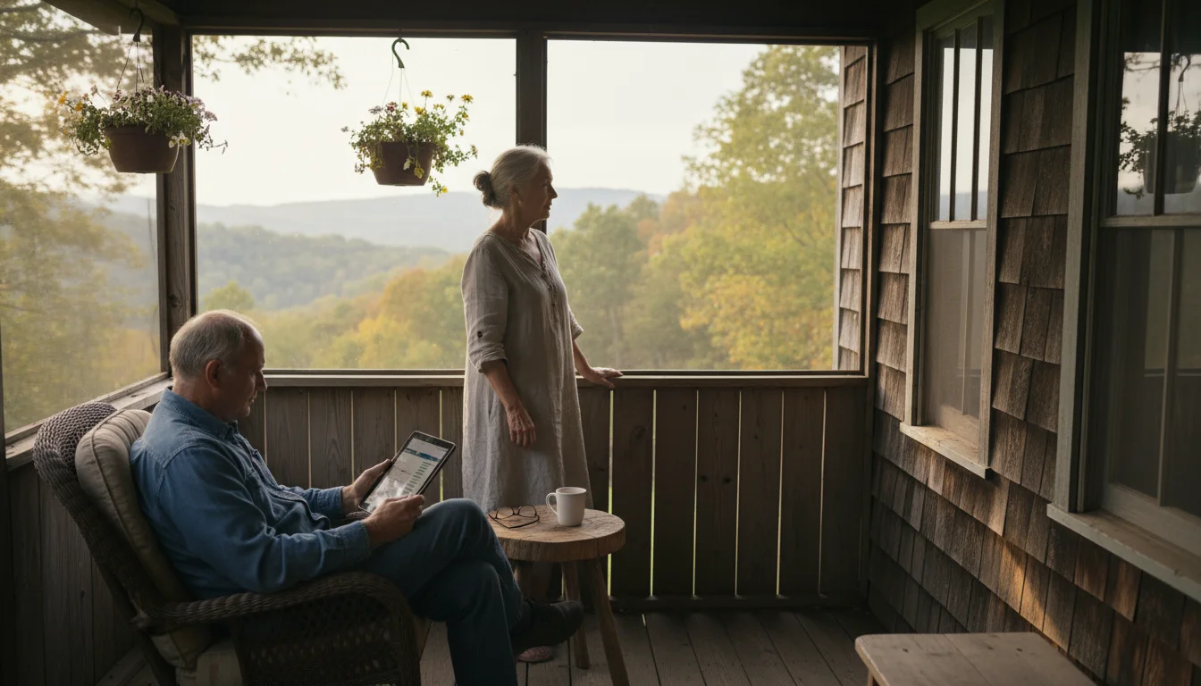 Older couple on a rural Tennessee porch. Man looks at a tablet, woman gazes thoughtfully at distant hills.