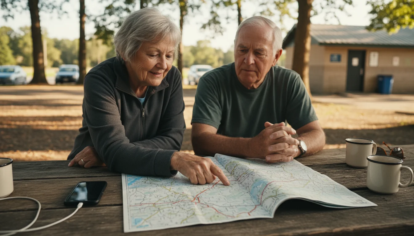 Older couple at a rustic picnic table looking at a road atlas. A smartphone charges from a power bank next to the map.