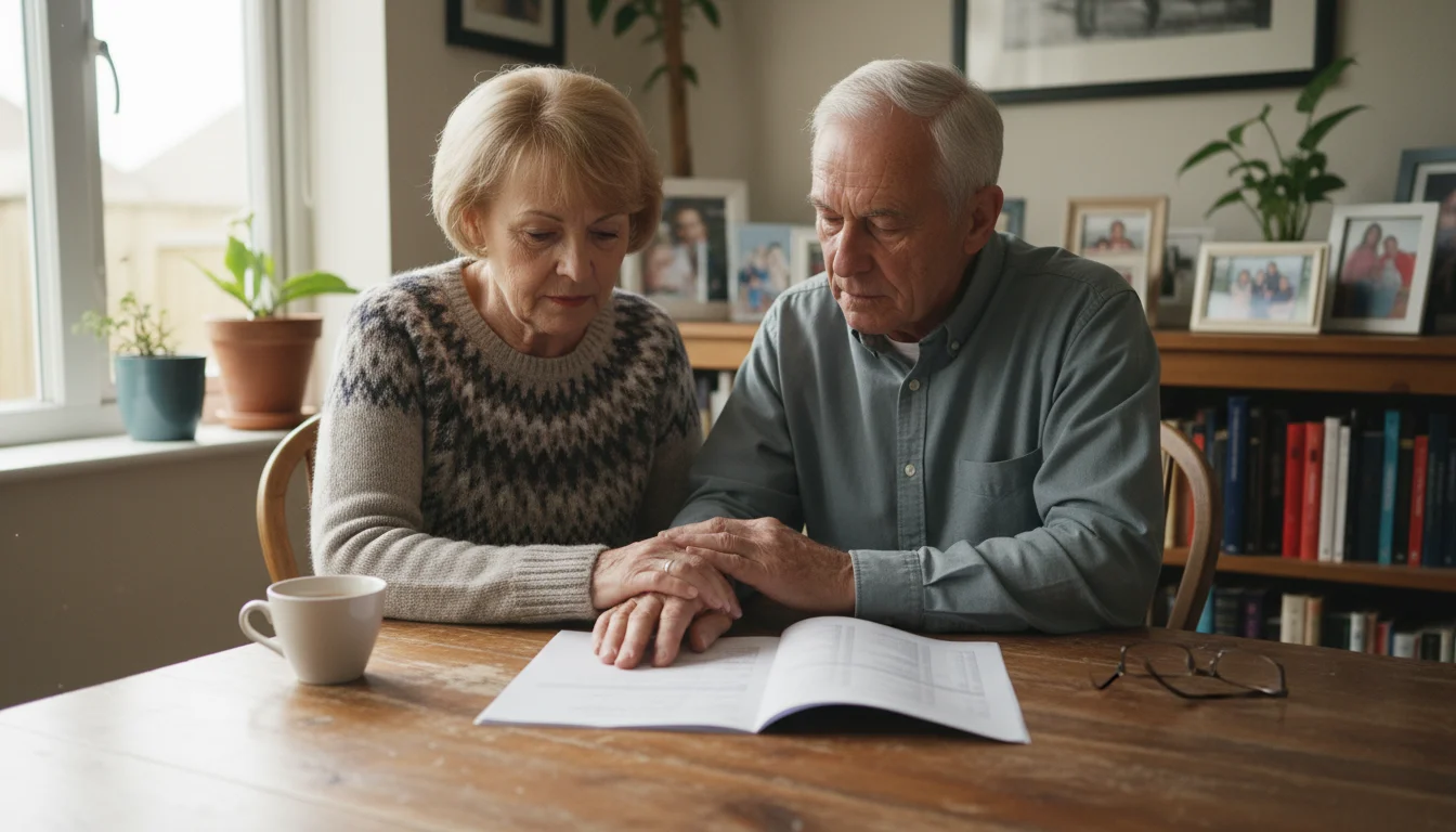 An older couple sits at a dining table, looking at a document. The wife gently rests her hand on her husband's.