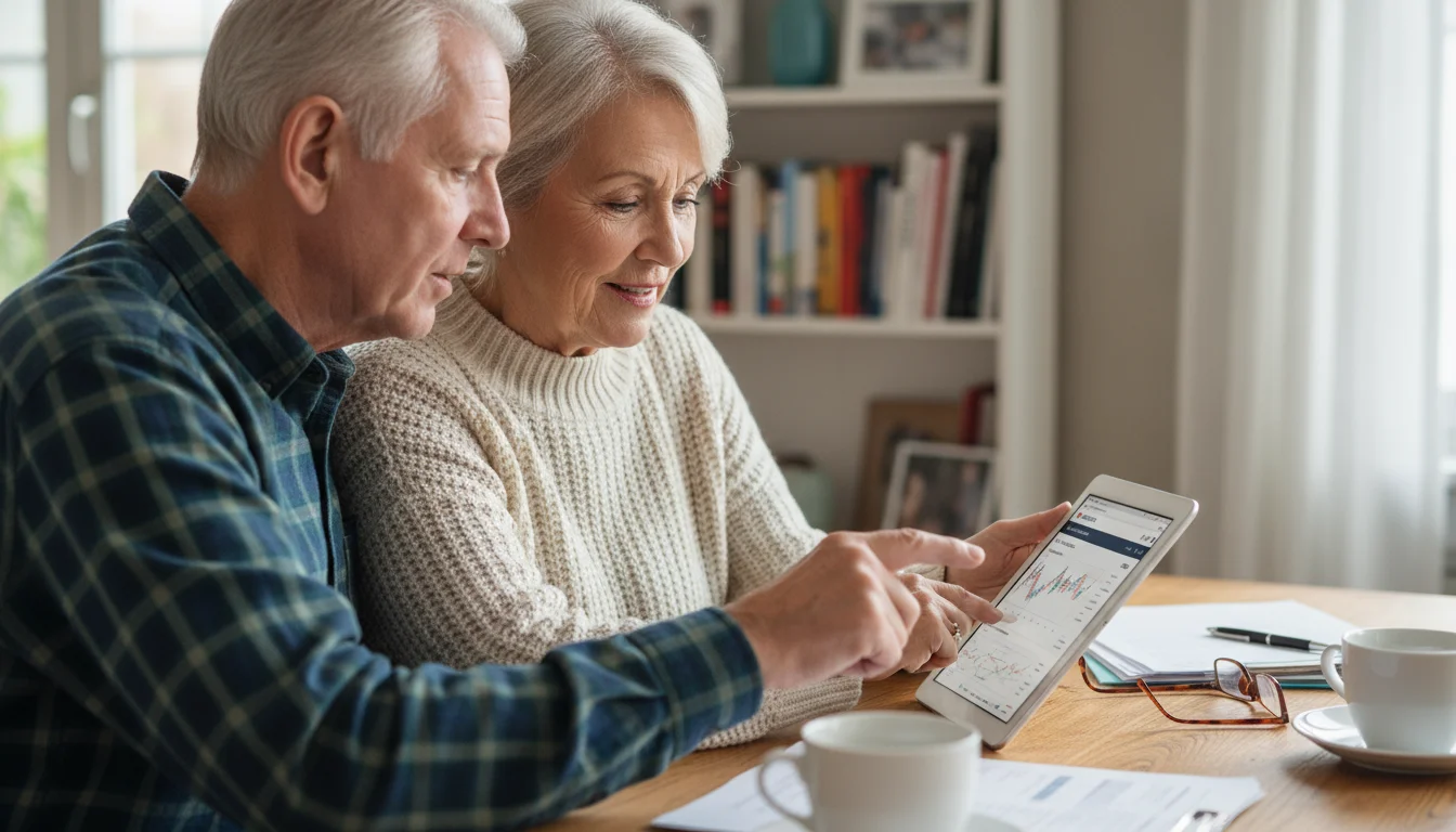 An older couple sits at a dining table, looking at a tablet and tax documents. The man gestures towards the screen.