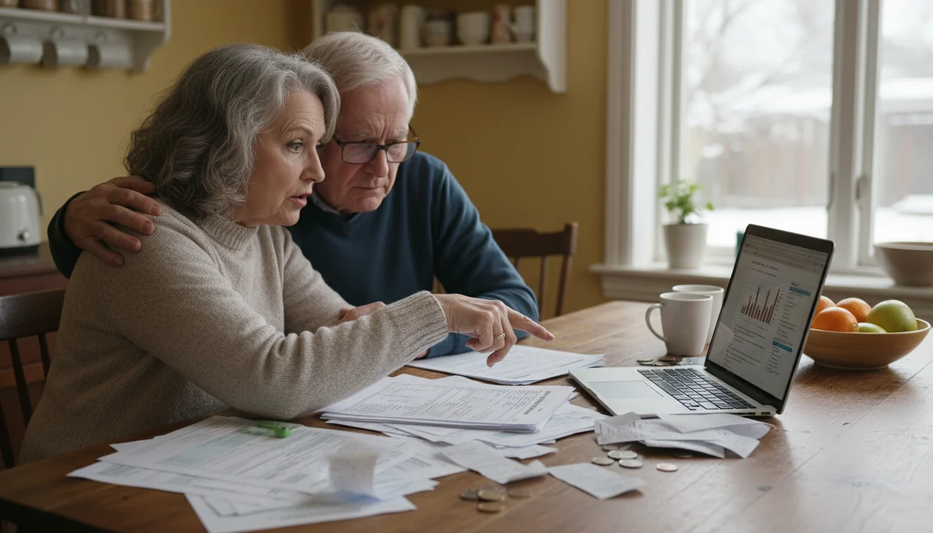 An older couple sits at a kitchen table covered in tax forms and a laptop, appearing to discuss a document with mild concern.