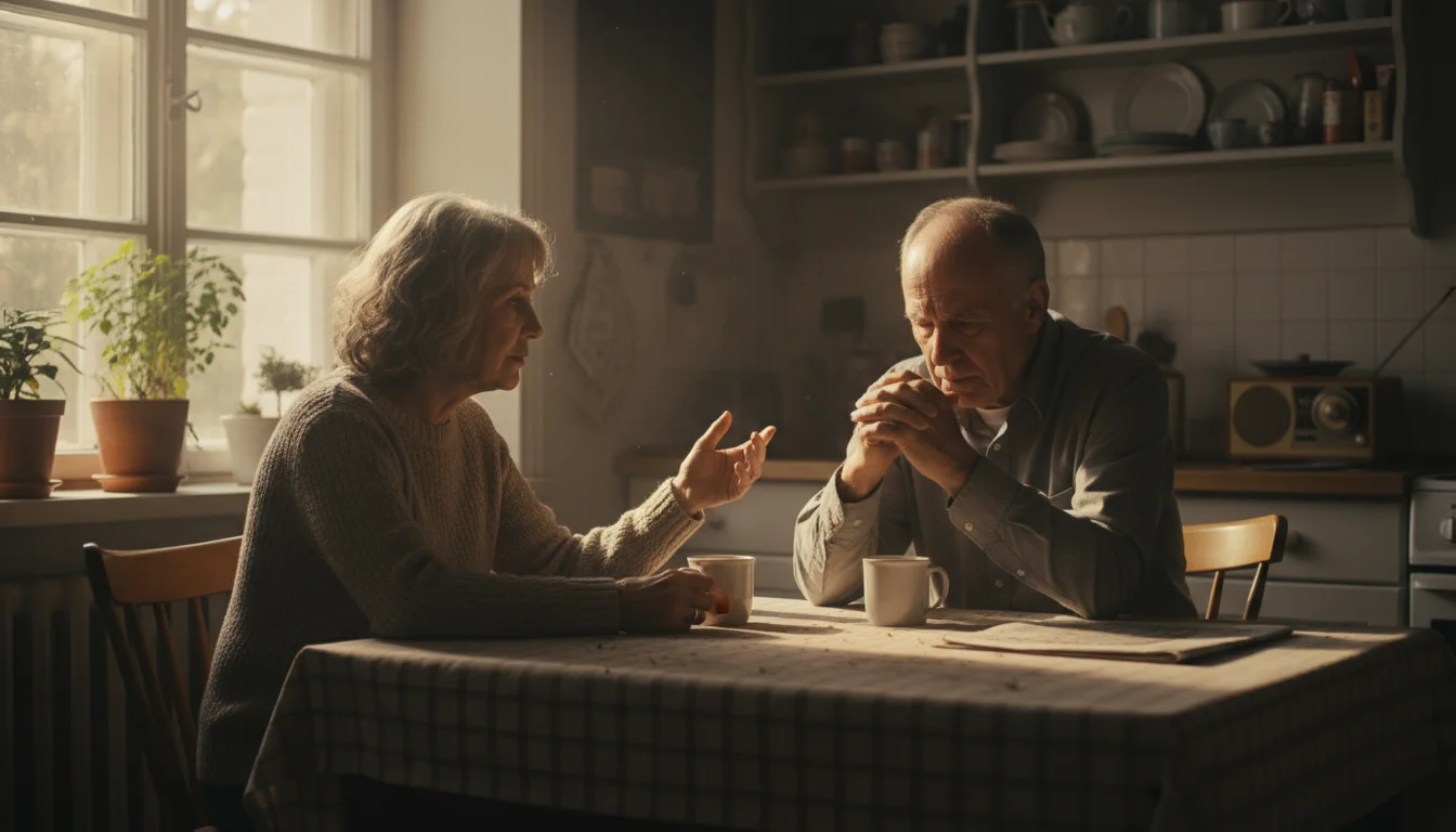 An older couple sits at a kitchen table, deep in conversation. The woman looks at her partner, who is thoughtfully looking down at his clasped hands.