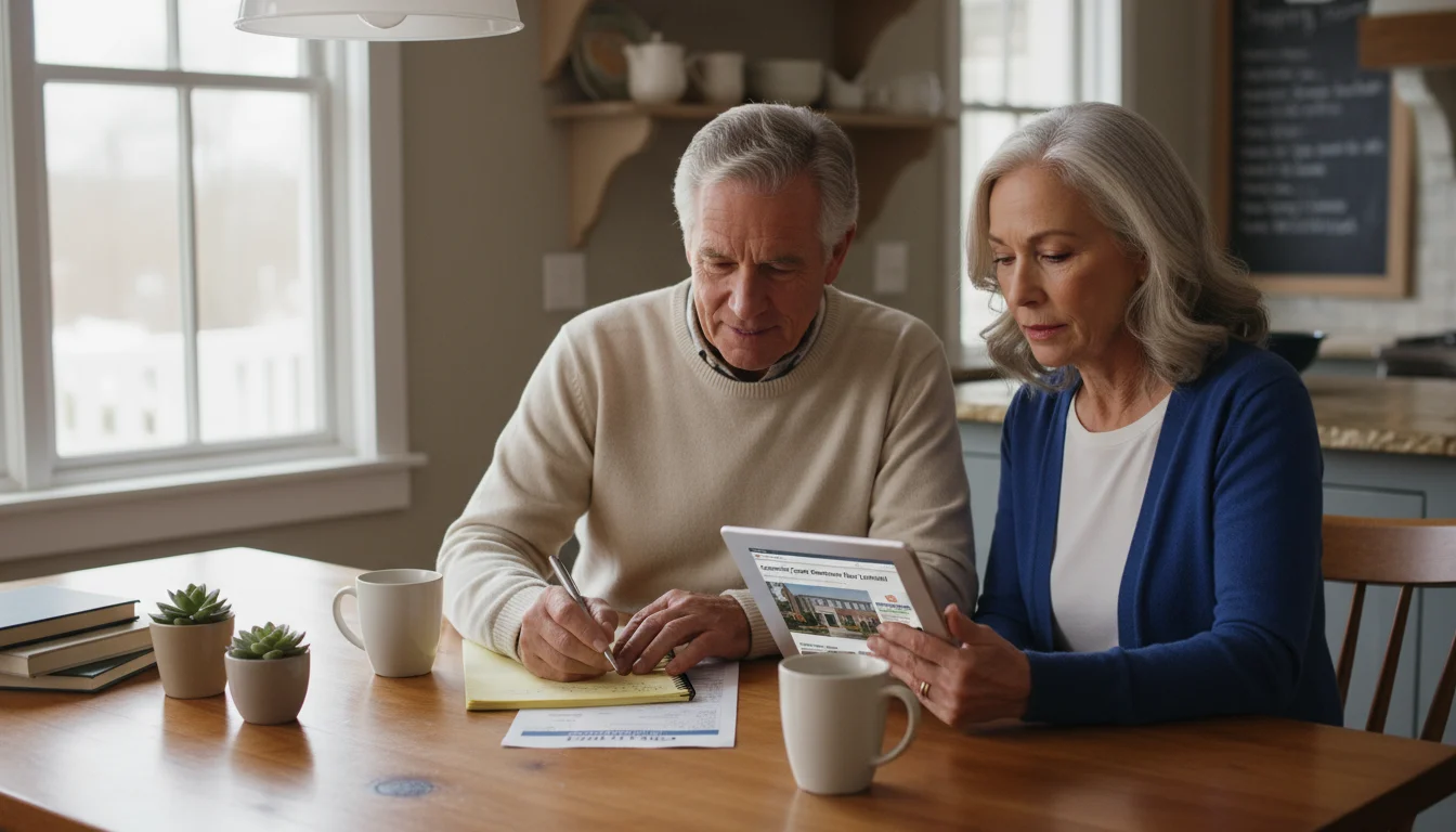 An older couple sits at a kitchen table. The man reviews a utility bill, while the woman looks at a grocery ad on a tablet.