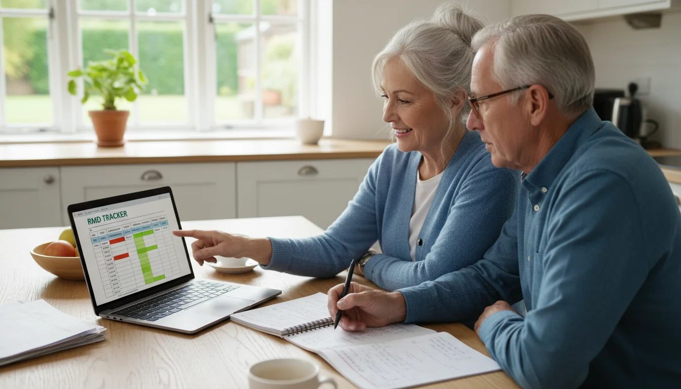 An older couple sits at a kitchen table. The woman points at a laptop screen showing a financial spreadsheet, and the man watches attentively.