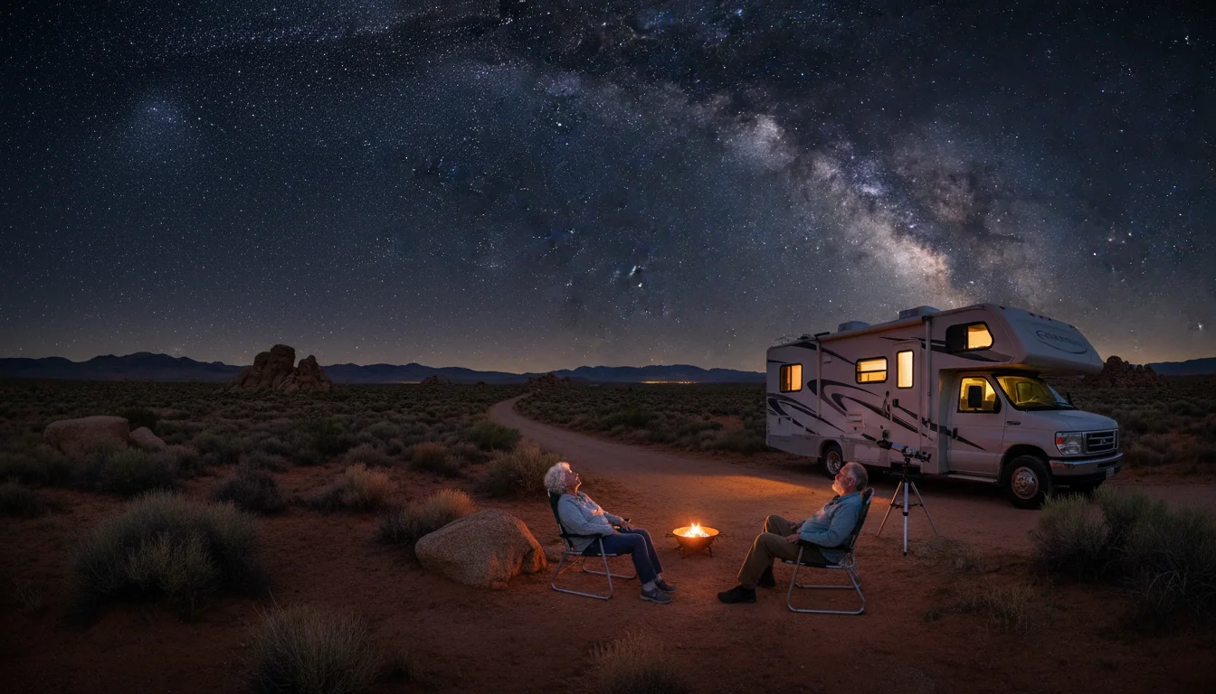 An older couple sits outside their Class C RV in the vast Nevada desert at night, gazing up at a sky full of stars and the Milky Way.