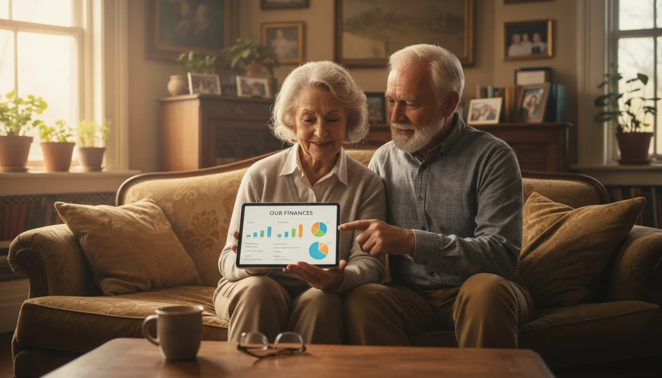 An older couple sits on a sofa, looking at a financial dashboard on a tablet. The woman holds it while the man points to the screen.