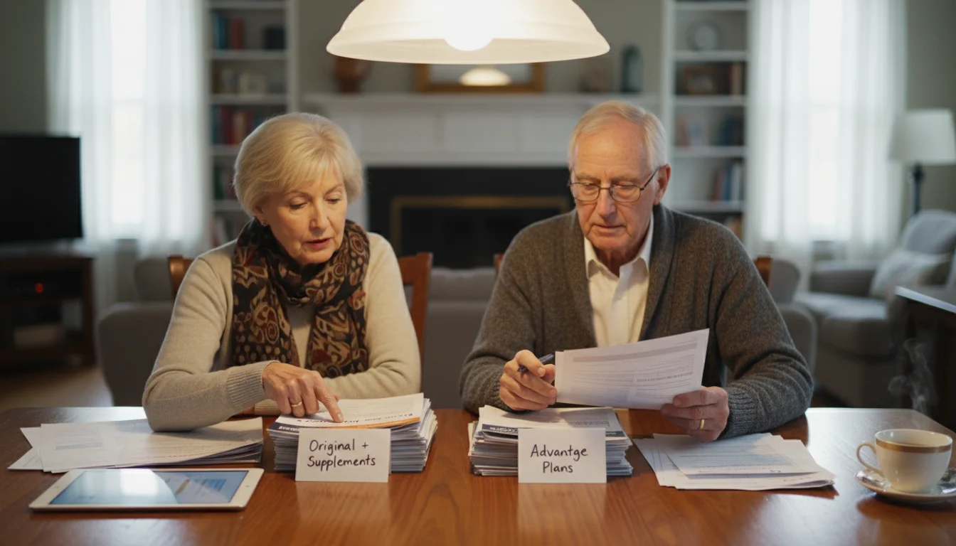 An older couple sits at a table, comparing two distinct piles of health insurance documents. The woman points, the man reads.