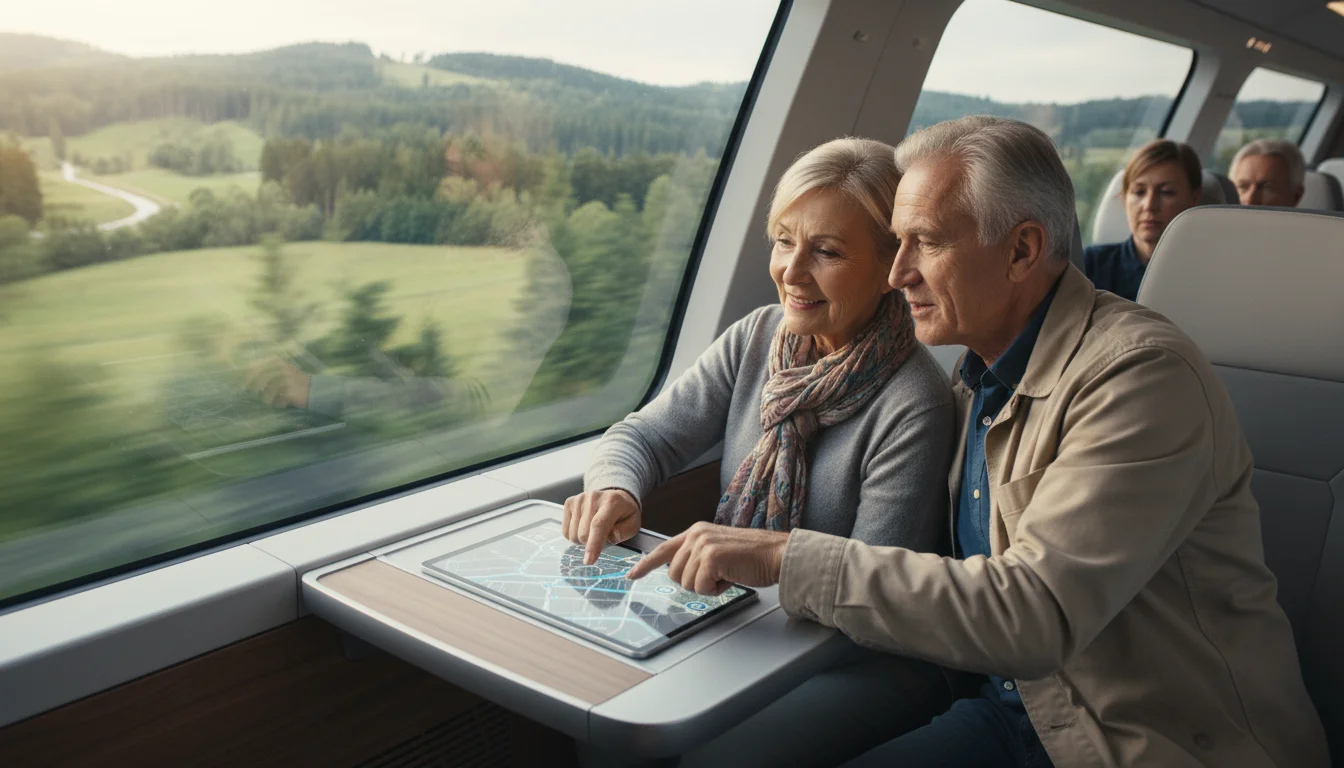 An older couple sitting comfortably on a train. The woman looks out a large window smiling, while the man shows her a map on a tablet.
