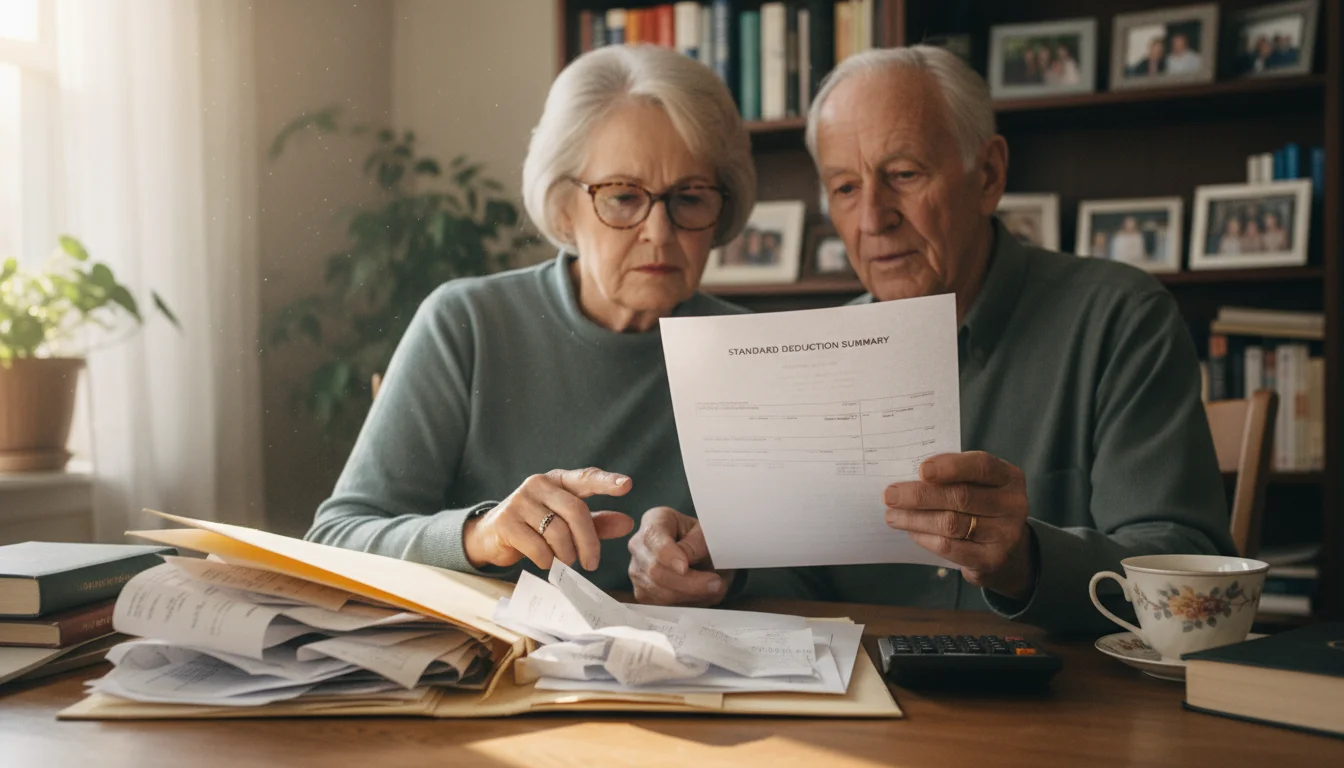 An older couple, sitting at a desk, reviewing tax documents. The woman holds a single page, the man points to a folder of receipts.