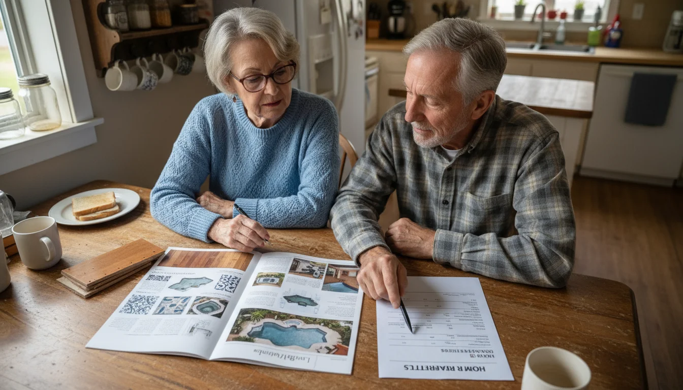 An older couple sitting at a kitchen table, reviewing documents like a builder's brochure and home repair estimates, focused on the costs.